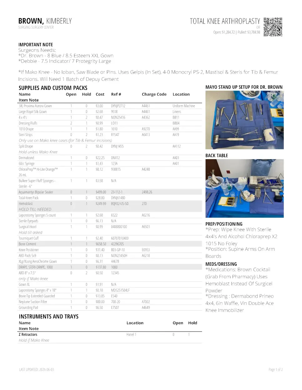 Sample surgical preference card displayed in PREFcards